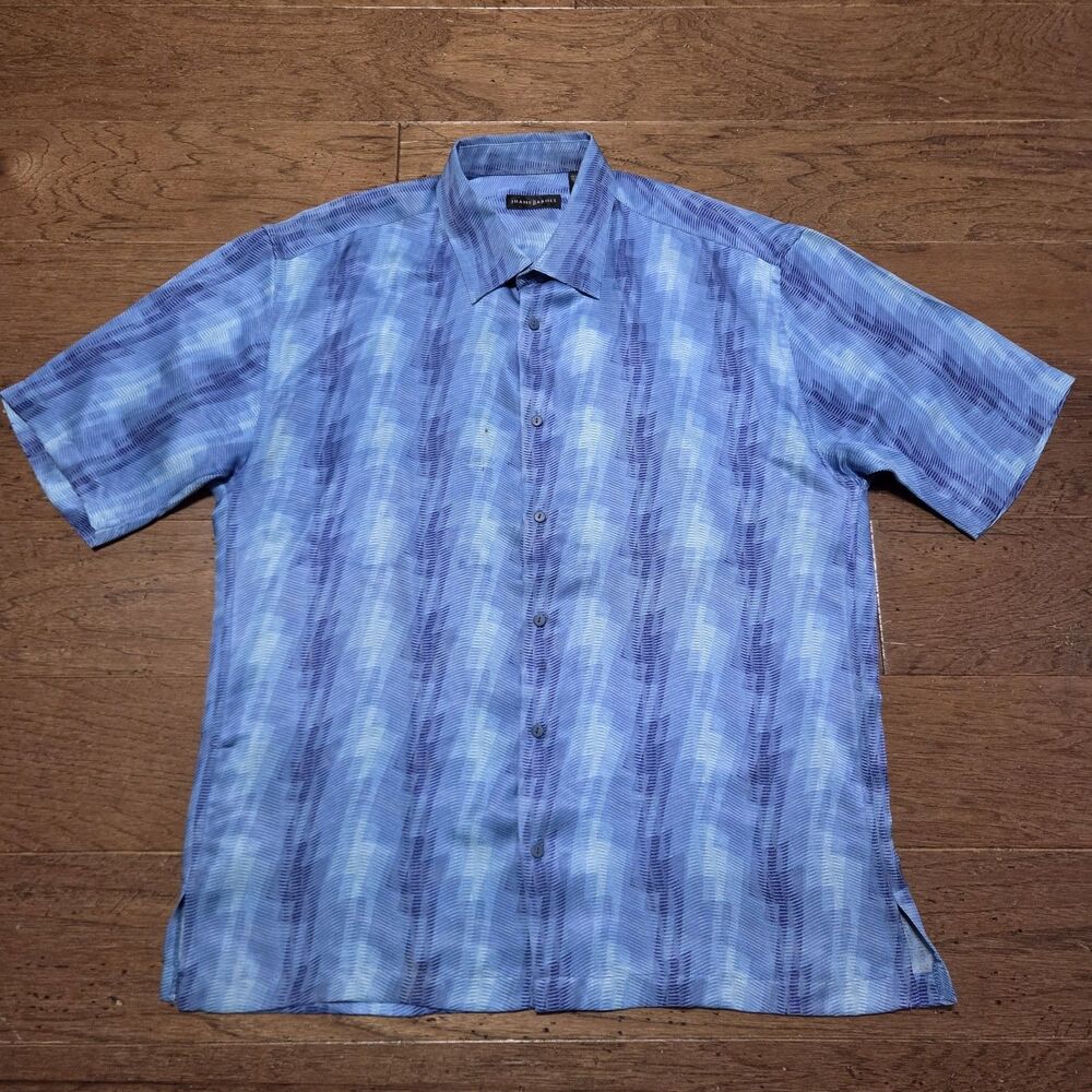 Jhane Barnes Men's 2XL Blue Abstract Silk Blend Short Sleeve Shirt Casual